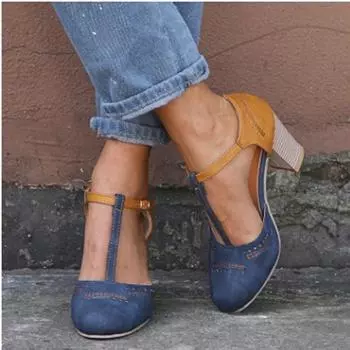 Весна/лето 2020 г. Европейские и американские ретро-туфли с Т-образной пряжкой и круглым носком, цветные женские туфли, большой размер 38 чёрный