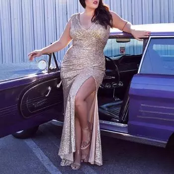 Весна/Лето 2021 Платье-трапеция с пайетками — свободный крой, размер плюс, европейский и американский стиль 4XL красный