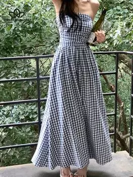Весна-лето 2023, новый стиль, клетчатое длинное элегантное платье с открытыми плечами для женщин, повседневное элегантное длинное вечернее платье S синий