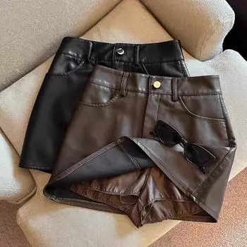 Весна/Лето 2024 Черная юбка А-силуэта из искусственной кожи с высокой талией для женщин L