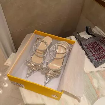 Весна/лето 2024 г. Трендовые женские туфли на каблуке Модные блестящие вечерние босоножки с искусственными бриллиантами на высоком каблуке с открытой пяткой 35 чёрный