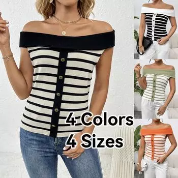 Весна-лето 2024, женский модный полосатый пуловер с длинными рукавами и открытыми плечами, женский свитер XL