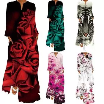 Весна/лето 2024 Женское платье свободного кроя с V-образным вырезом, длинными рукавами, принтом и карманами 4XL