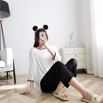 Весна/Лето 2025Новый женский модальный пижамный комплект контрастного цвета с рукавами 3/4 и брюками 8/4, большой домашний комплект из двух частей, пижамный комплект для сна M