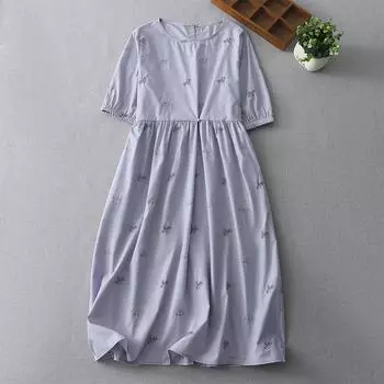 Весна-лето 2025 новое хлопковое платье с длинной драпировкой, нишевый дизайн, вышивка, круглый вырез, юбка M светло-фиолетовый