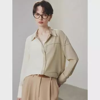 Весна/Лето 2025 Женская свободная рубашка из 100% двойного крепового шелка цвета тутового шелкопряда с цветными блоками M 90-105 Jin