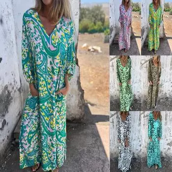 «Весна/Лето 2025 Женское Элегантное Платье Миди с V-образным вырезом и принтом — Европейский и Американский Стиль Отдыха Спокойствия» XXXL
