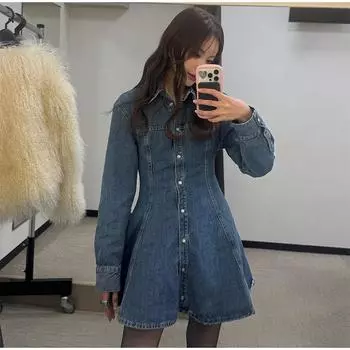 Весна-лето 2025 женское пригородное модное мини-платье с длинным рукавом, универсальное однотонное джинсовое платье, элегантный удобный материал S синий