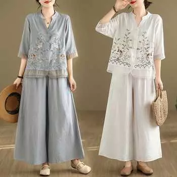 Весна Лето 2 Комплект из двух предметов Женский Цветочная вышивка Модные женские блузки Эластичный пояс Модные свободные плиссированные женские широкие брюки XXL белый