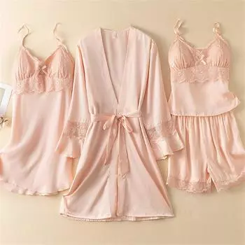Весна Лето 4 шт пижамный комплект женская пижама пижамы сексуальное кружевное кимоно банный халат ночная рубашка свободный шелковый атлас домашняя одежда для отдыха M