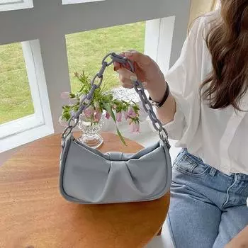 Весна-лето Акриловая сумка подмышкой Модная однотонная плиссированная сумка Повседневная сумка через плечо из искусственной кожи с цепочками (20cm<Max Length<30cm)