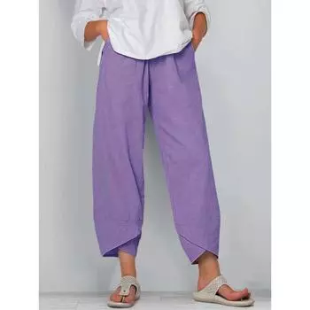 Весна-лето эластичный пояс хлопок лен свободные повседневные брюки для женщин домашняя одежда S хаки