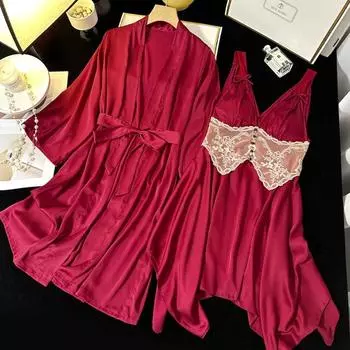 Весна-лето атласный халат домашняя одежда для женщин 2 шт халат комплект пижамы сексуальная лоскутная кружевная ночная рубашка интимное белье домашнее платье M