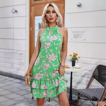 Весна-лето без рукавов сексуальное висячее шея стиль рюшами печати платье для женщин S зелёный
