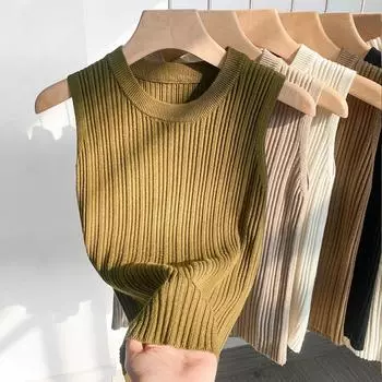 Весна-лето без рукавов трикотажные топы на подтяжках с круглым вырезом женские верхние жилеты из ледяного шелка однотонный топ-пуловер повседневная простая майка одежда 3092 One Size белый