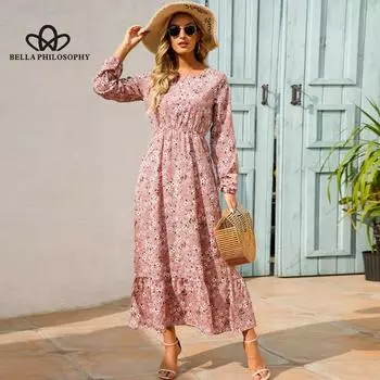 Весна-лето, богемное женское платье макси, повседневное пляжное платье с длинным рукавом и высокой талией, шифоновые платья с цветочным принтом, новинка Mujer S