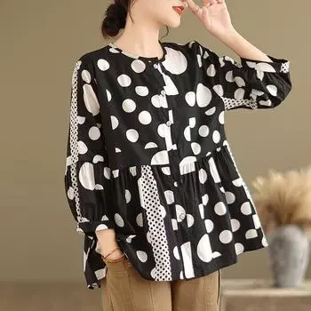 Весна-лето, большой размер, широкая блузка Matsushita Doll, женская рубашка с круглым вырезом и рукавом 9 четвертей в горошек One Size