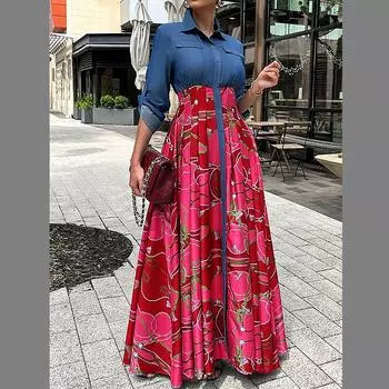 Весна/лето, большой размер, женская модная повседневная женская юбка, джинсовая длинная юбка с принтом, большое свободное платье XXXL красный