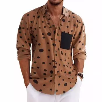 Весна/лето, черная рубашка с принтом в горошек, свободная, повседневная, дышащая, с лацканами, с длинным рукавом для мужчин XS шоколадный