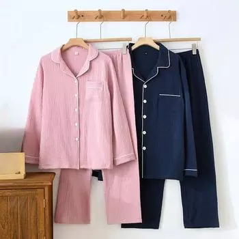 Весна/лето Чистый Хлопок Марля Однотонные Мужские и Женские Пижамы Двухслойная Креповая Ткань Домашняя Одежда Комплект С Длинными Рукавами M