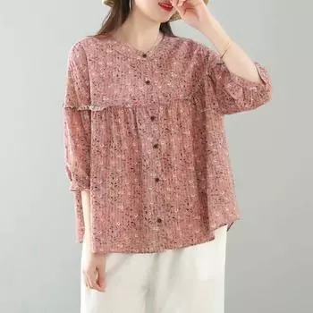 Весна/лето Цветочная рубашка женская с семью рукавами Большой повседневный свободный женский топ с воротником-стойкой женская рубашка M розовый