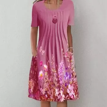Весна-лето Цветочный Принт Круглый Вырез Карман Миди Платье Женское S