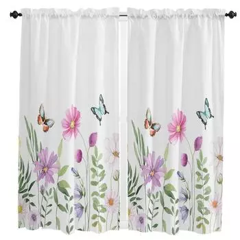 Весна Лето Цветок Бабочка Занавеска Домашнее Украшение Гостиная Короткие Шторы Оконные Обработки Для Кухни Спальни W50 X H130(CM)X2&Hook