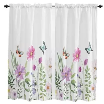 Весна Лето Цветок Бабочка Занавеска Домашнее Украшение Гостиная Короткие Шторы Оконные Обработки Для Кухни Спальни W50 X H130(CM)X2&Hook