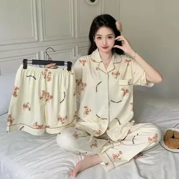 Весна Лето Дамы Кардиган Модная Пижама Домашний Комплект Из Трех Частей Девочки Мультфильм Медведь Принт Свободная Пижама Домашний M