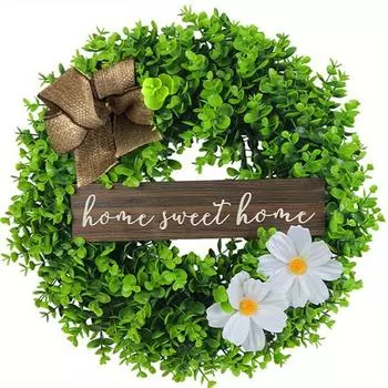 Весна Лето Деревянный Знак Венок Искусственные Зеленые Листья Цветочный Венок с Бантом из Мешковины и для Входной Двери Окна Подвесные Настенные Украшения Для Вечеринки 30cm/11.81in зелёный