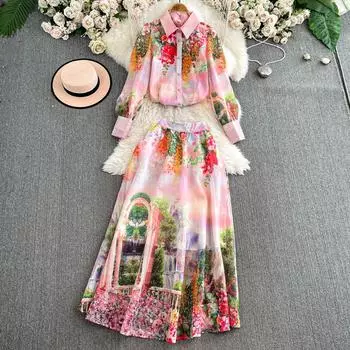 Весна-лето Дизайнерский подиумный комплект из 2 предметов с напечатанным рисунком Женская рубашка с лацканами + длинная юбка макси Костюмы для офиса и вечеринок S розовый