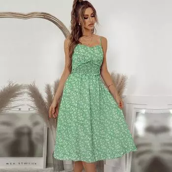 Весна-лето, длинное платье с цветочным принтом, женское повседневное трапециевидное платье на тонких бретельках без рукавов с высокой талией, тонкий S-XL M зелёный
