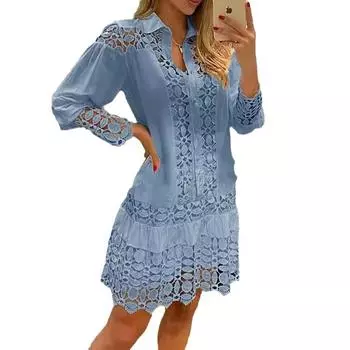 Весна-лето Длинный рукав для женских платьев Однотонное кружевное сращивание Модная рубашка с вырезом Элегантное женское сексуальное платье XXXL белый