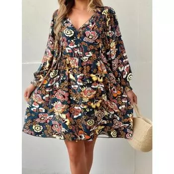 Весна-лето для отдыха с длинным рукавом, праздничное платье с цветочным принтом, пляжные свободные короткие платья S фиолетовый