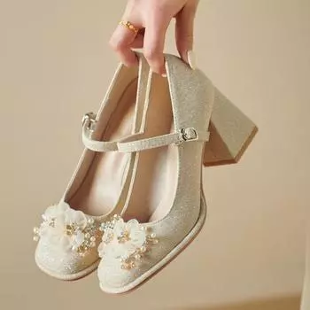 Весна/лето для подружек невесты, французские синглы Мэри Джейн, стразы, банты, туфли на каблуке, каблуки, женские пайетки 35 абрикосовый