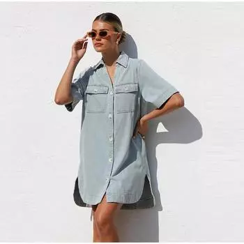 Весна-лето джинсовое платье-рубашка 2025 женское повседневное свободное однобортное платье простое ретро женское офисное джинсовое короткое платье S светло-синий