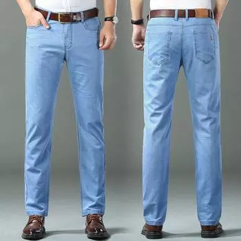 Весна/лето Джинсы Ice Silk Мужские деловые свободные прямые брюки Тонкие эластичные брюки Tencel для среднего возраста 28 темно-синий