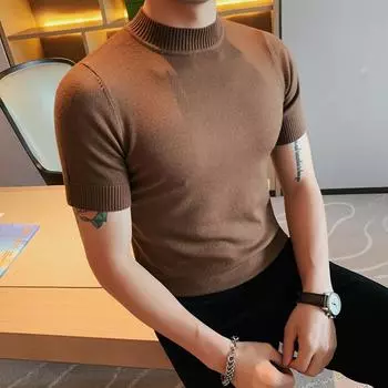 Весна-лето Футболка с воротником-стойкой, мужская, однотонная, модная, облегающая, с коротким рукавом, на пуговицах L белый