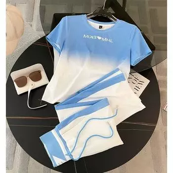 Весна-лето, градиент, короткий рукав + широкие брюки с высокой талией, повседневный комплект из двух предметов 2XL синий