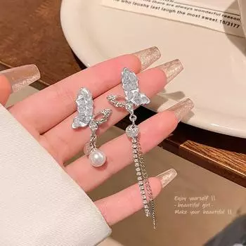 Весна-лето, хит продаж, синие, сломанные, хрустальные, длинные, асимметричные серьги-бабочки для женщин 1 pair