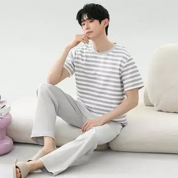 Весна-лето хлопковая полосатая пижама для отдыха для мужчин с эластичным поясом, ночная одежда для мальчиков с длинным рукавом, мягкая пижама для дома L