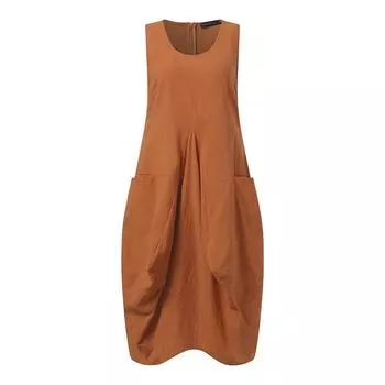 Весна-лето Хлопок Льняной Асимметричный Подол Однотонное Свободное Платье Без Рукавов Круглый Вырез S оранжевый