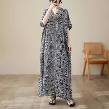 Весна-лето Хлопок Льняные Платья с V-образным вырезом Длинные Ретро Халат Плюс Размер Свободные Художественные Пляжные Платья В Отпускном Стиле Large size average size чёрный