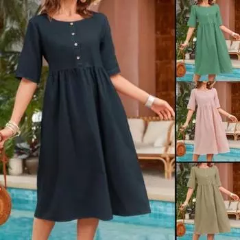 Весна-лето хлопок лен круглый вырез свободные повседневные однотонные карманы повседневные платья S