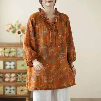 Весна-лето хлопок лен набивной воротник грибок края тонкий стиль свободный утягивающий свободный размер рубашка в стиле вестерн цветочный принт M жёлтый