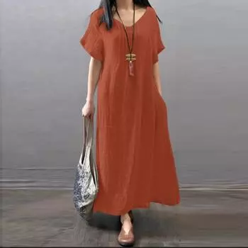 Весна-лето хлопок лен свободное повседневное однотонное платье с карманами для женской одежды S оранжевый
