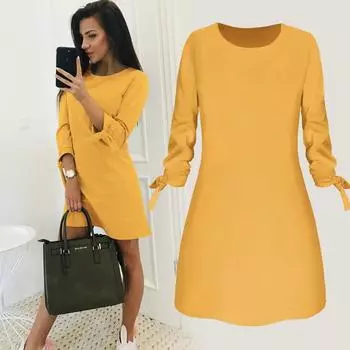 Весна, лето и осень европейское и американское однотонное платье повседневное платье с круглым вырезом S чёрный