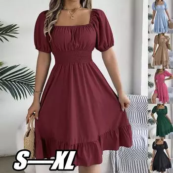 Весна, лето и осень европейское и американское однотонное платье повседневное платье с круглым вырезом XL чёрный