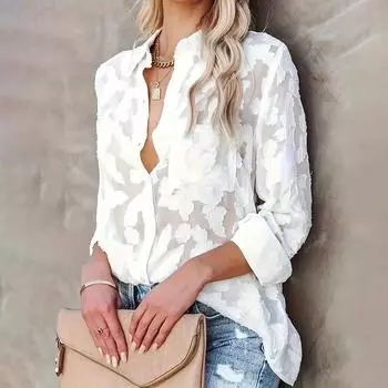 Весна, лето и осень, модная женская рубашка из шифона и жаккарда больших размеров, однотонная повседневная рубашка M белый