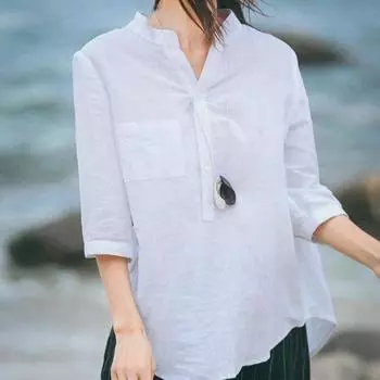Весна Лето Искусство Ретро Хлопок Лен Свободный Хлопок Лен Женская Одежда Рукав Семь Четвертей Топ Универсальные Искусство Блузки Рубашки M